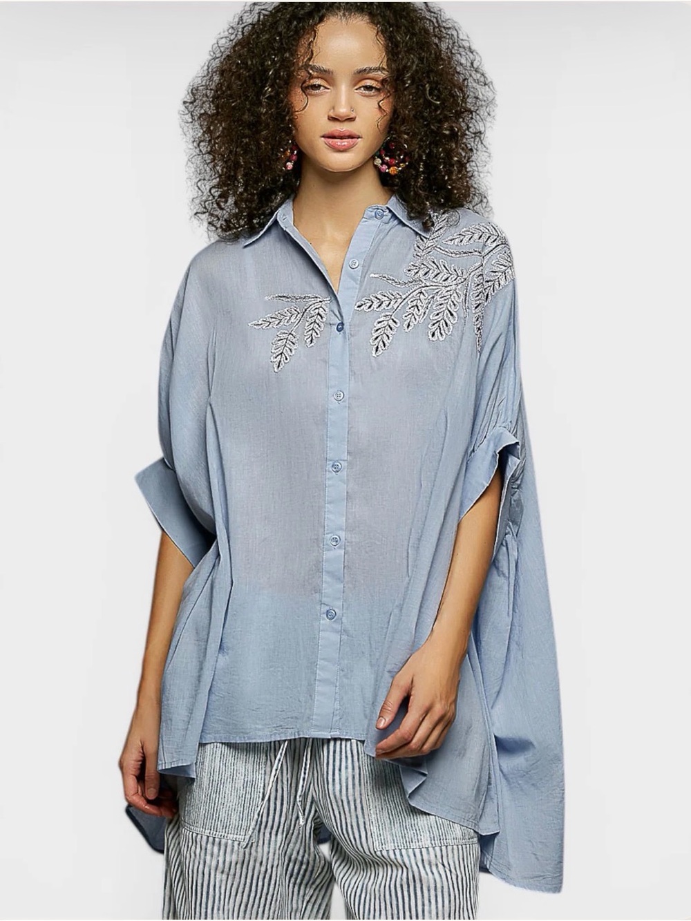 POL Light Blue Embroidered Relaxed Button-Front Blouse